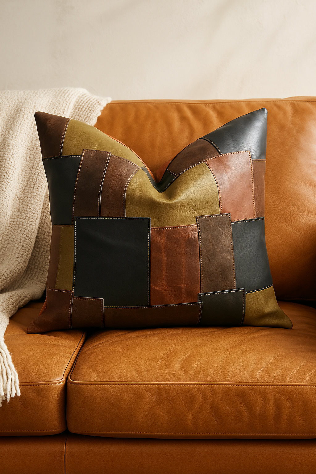 Patchwork Leather Cushion Cover -  Life of Sqaures| 60x60cms