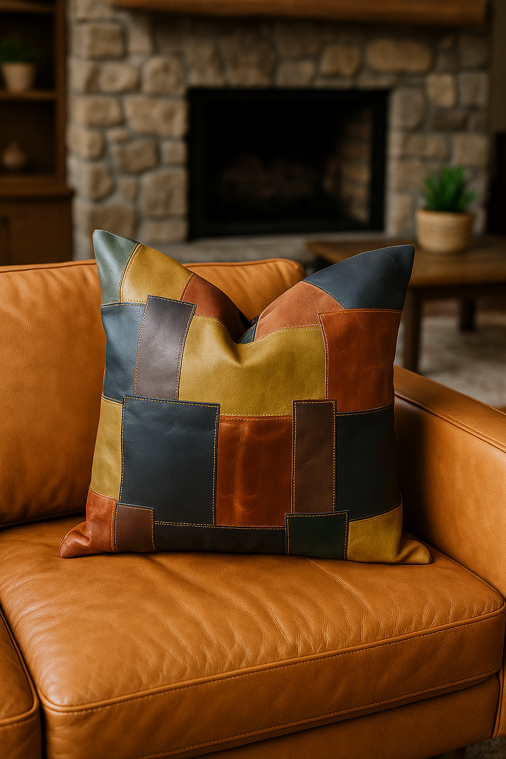 Patchwork Leather Cushion Cover -  Life of Sqaures| 60x60cms