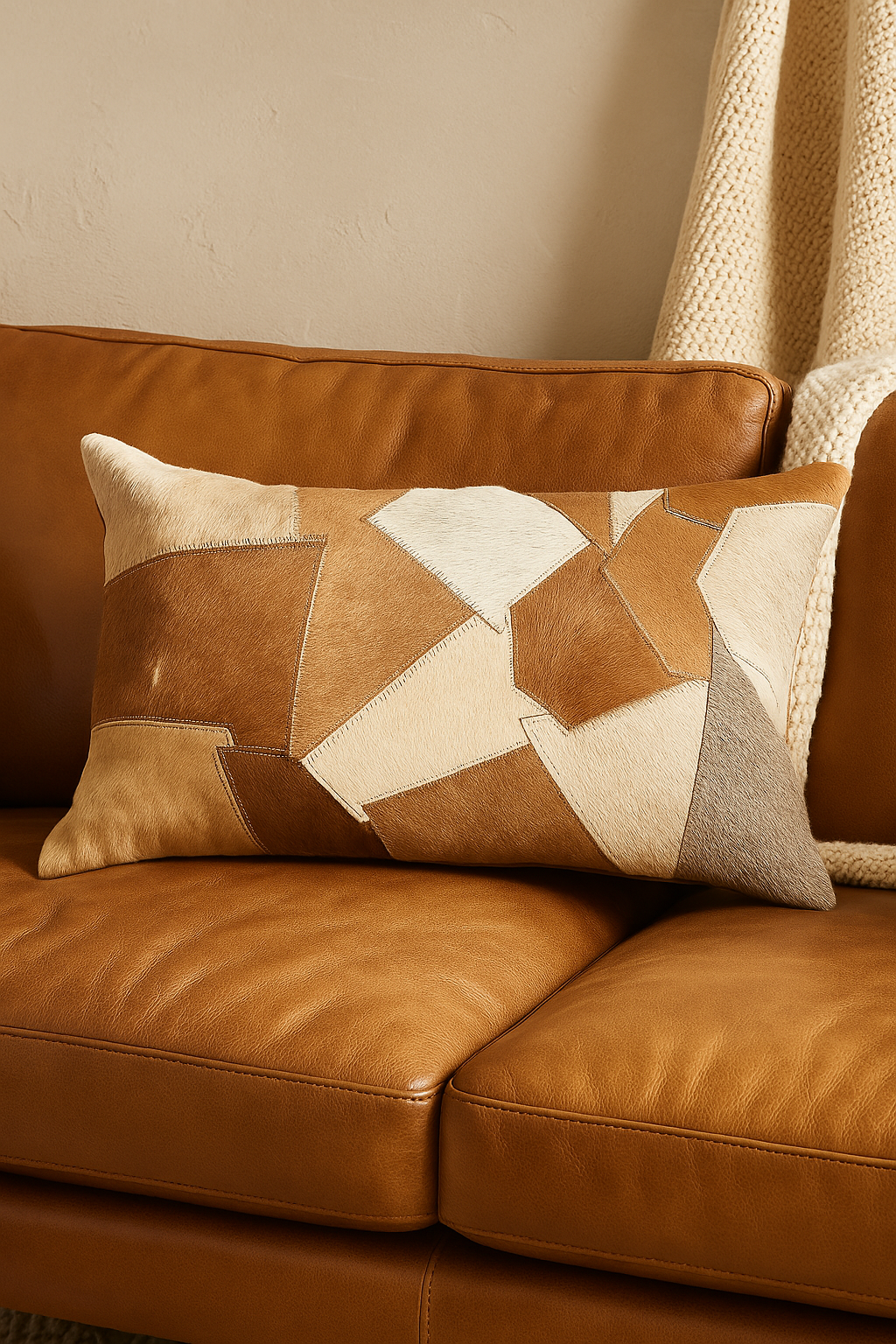 Cowhide Leather Lumbar Cushion Cover - Natural Tan Tones | Leatherly