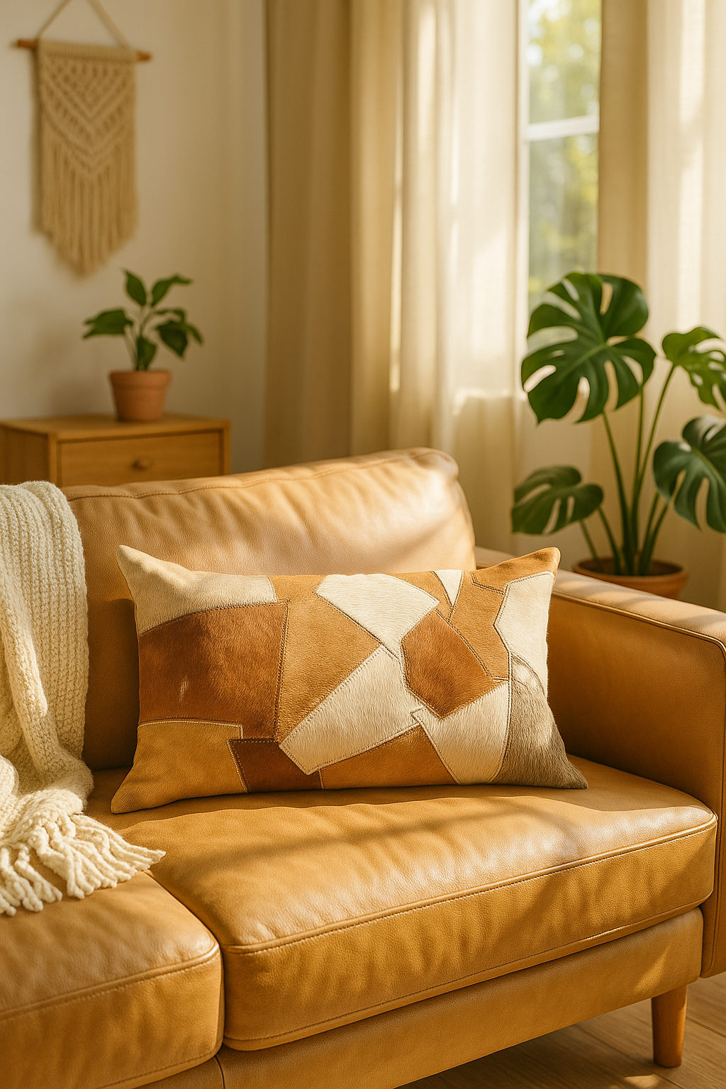 Cowhide Leather Lumbar Cushion Cover - Natural Tan Tones | Leatherly