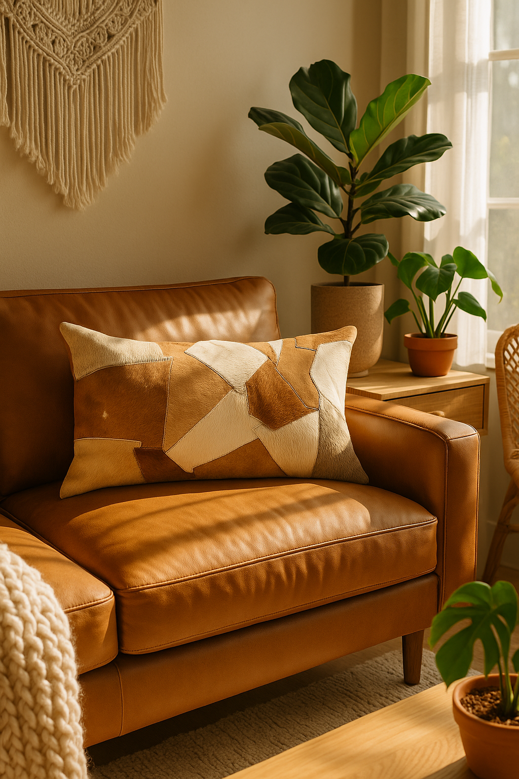 Cowhide Leather Lumbar Cushion Cover - Natural Tan Tones | Leatherly