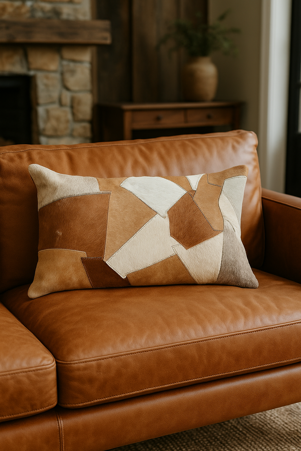 Cowhide Leather Lumbar Cushion Cover - Natural Tan Tones | Leatherly