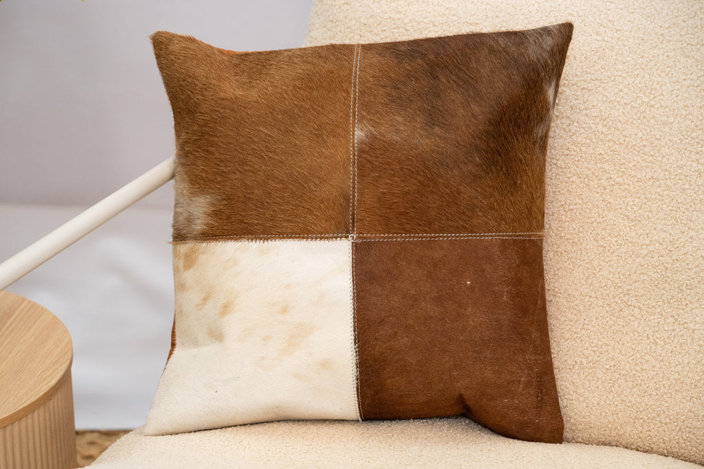 Cowhide Leather Cushion Cover - Natural Patchwork Hide Pillow (45x45cm)