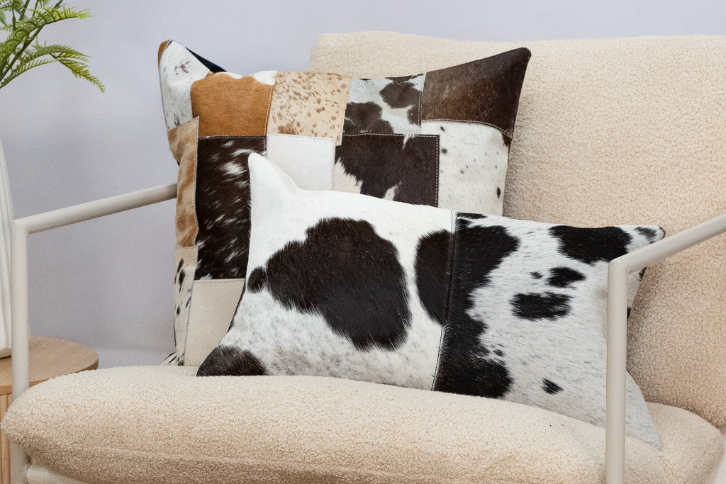 Patchwork Cowhide Leather Cushion Cover - Natural Hide, Handmade 45x45cm