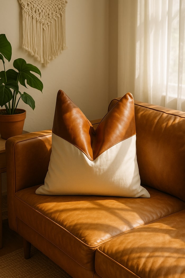 Leatherly Tan Leather & Canvas Cushion Cover - Handmade Boho Farmhouse Pillow