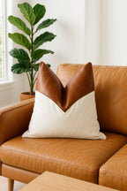 Mel Leather Co Tan Leather & Canvas Cushion Cover - Handmade Boho Farmhouse Pillow