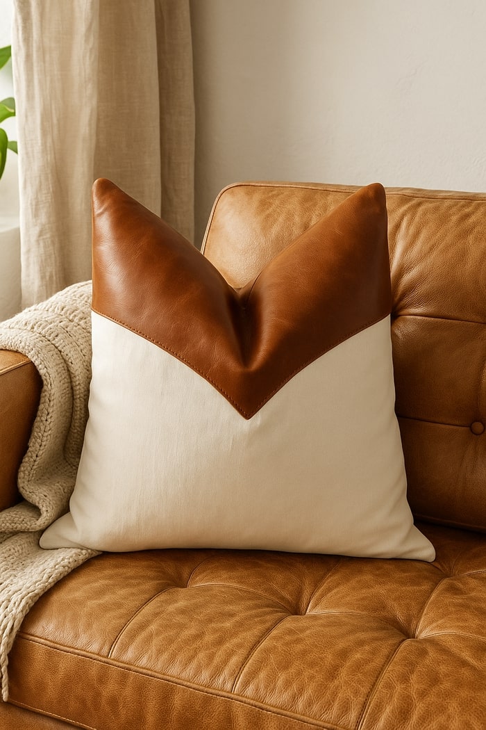 Mel Leather Co Tan Leather & Canvas Cushion Cover - Handmade Boho Farmhouse Pillow