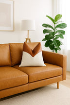 Mel Leather Co Tan Leather & Canvas Cushion Cover - Handmade Boho Farmhouse Pillow