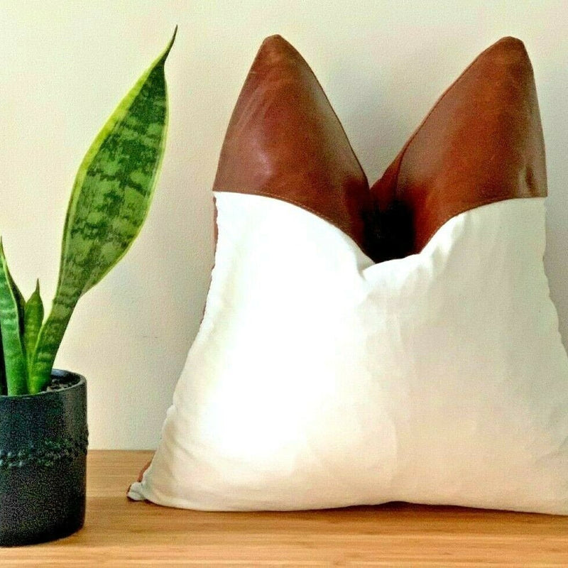 Mel Leather Co Tan Leather & Canvas Cushion Cover - Handmade Boho Farmhouse Pillow