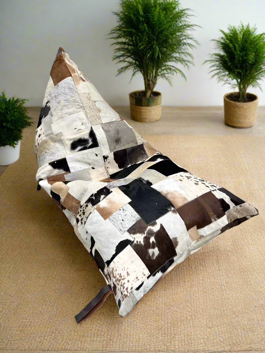 Luxe Cowhide Patchwork Beanbag Cover - Artisan-Made Leather Lounge Shell