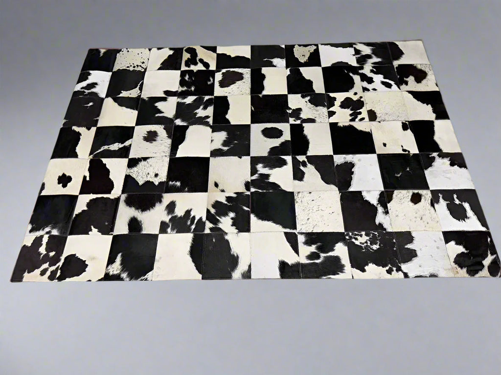 Checkerboard Cowhide Patchwork Rug - Handcrafted Natural Leather