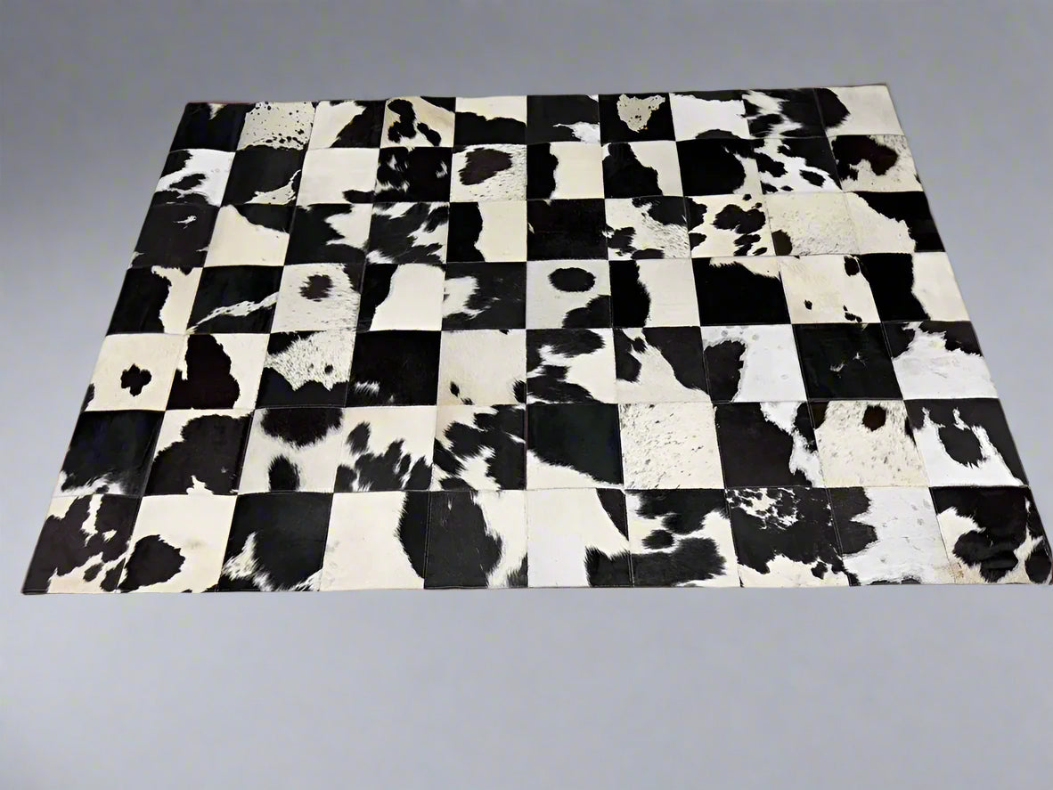 Checkerboard Cowhide Patchwork Rug - Handcrafted Natural Leather