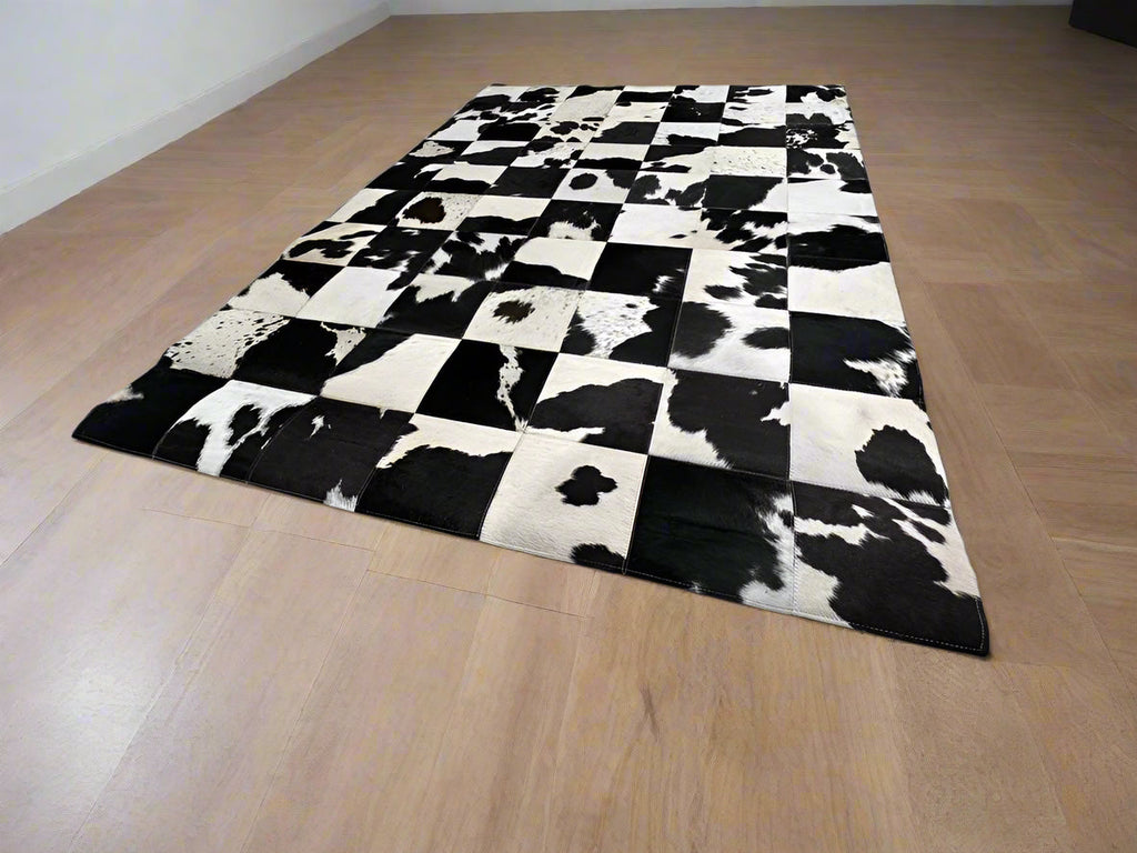 Checkerboard Cowhide Patchwork Rug - Handcrafted Natural Leather