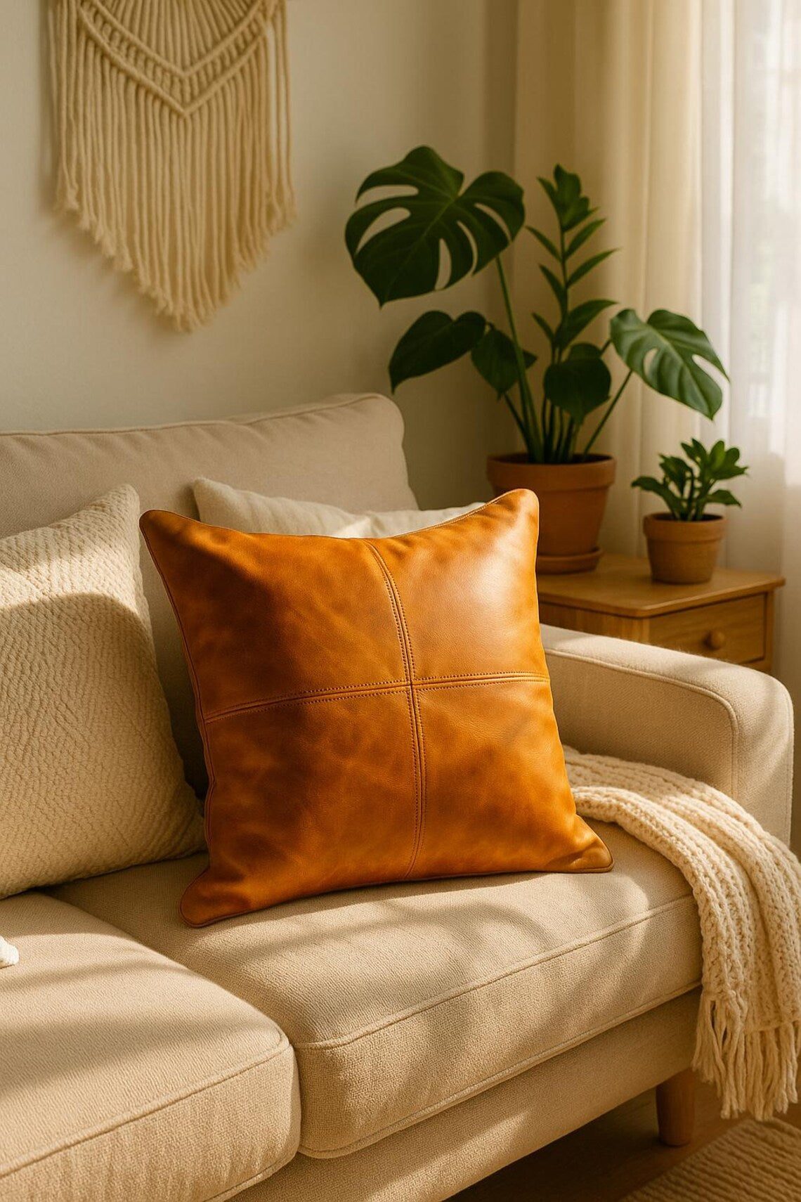 Elegance Leather Cushion Cover - Tan
