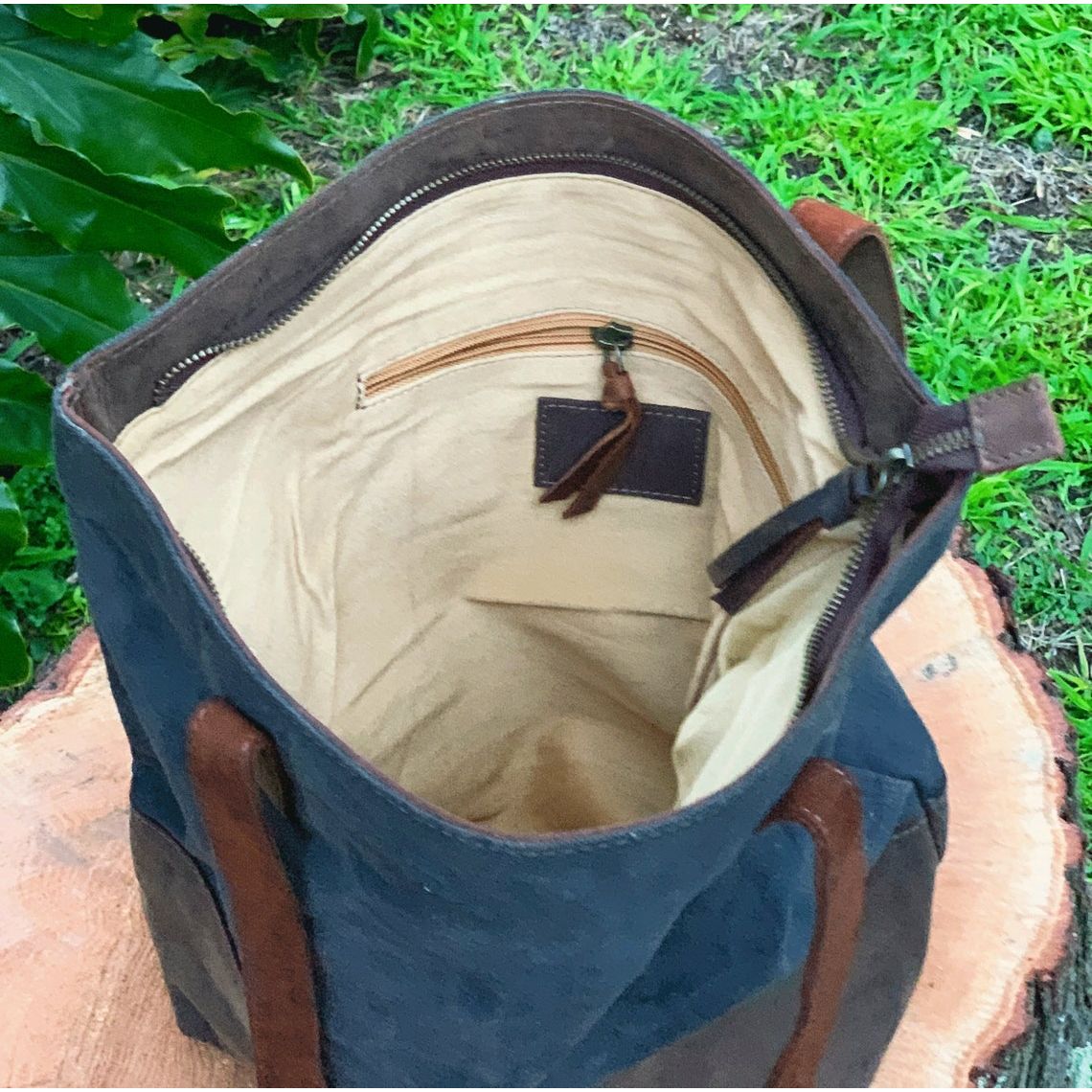 BLue Canvas Leather Tote Bag