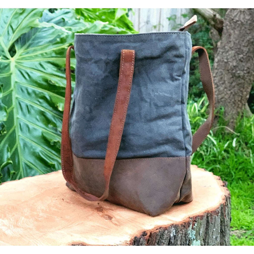 BLue Canvas Leather Tote Bag