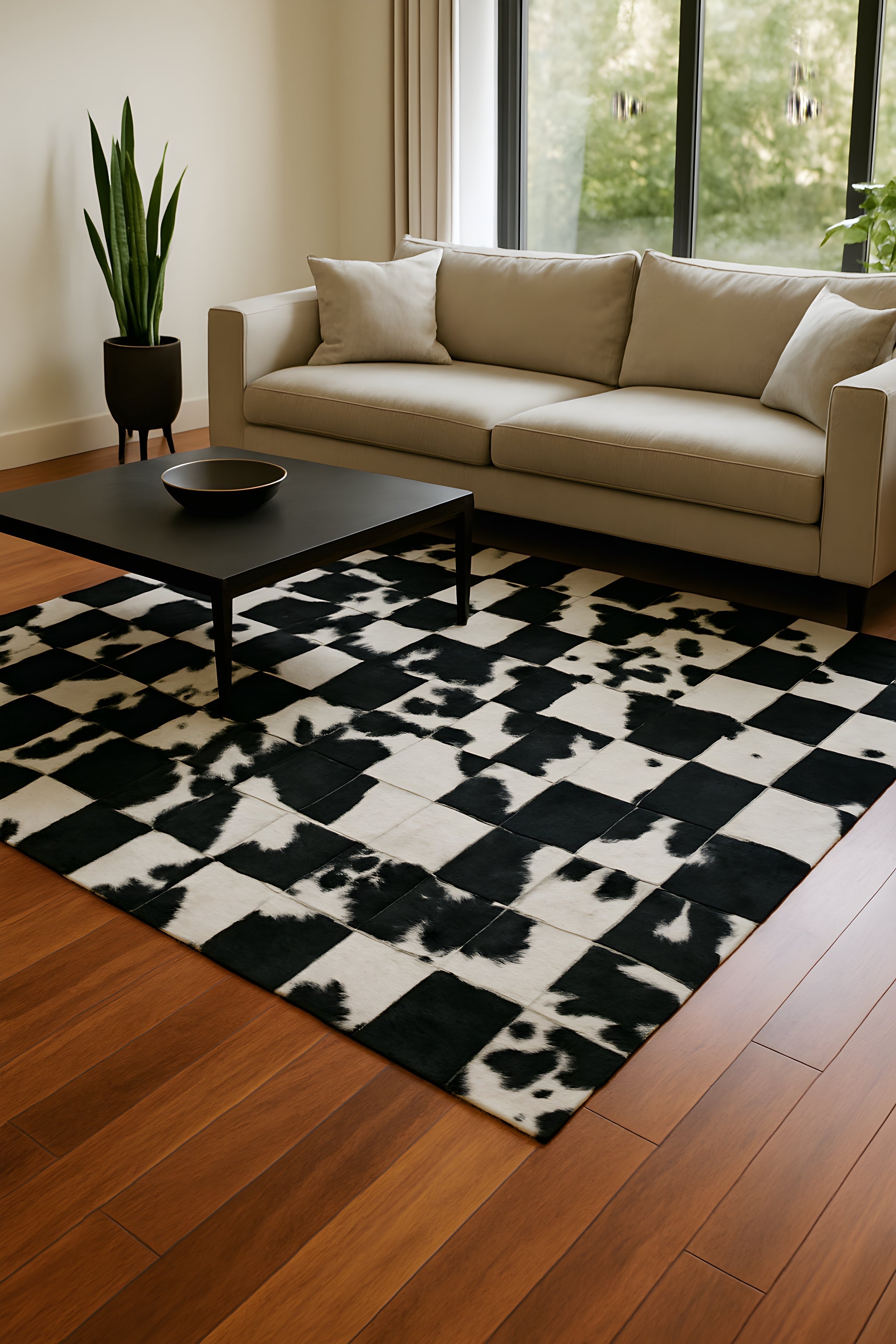 Checkerboard Cowhide Patchwork Rug - Handcrafted Natural Leather