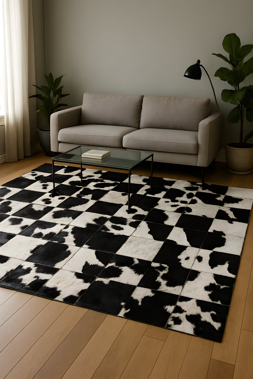 Checkerboard Cowhide Patchwork Rug - Handcrafted Natural Leather