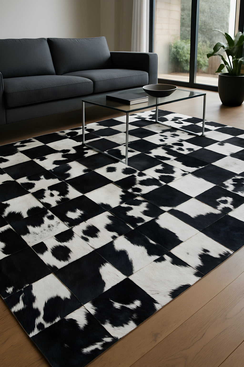 Checkerboard Cowhide Patchwork Rug - Handcrafted Natural Leather